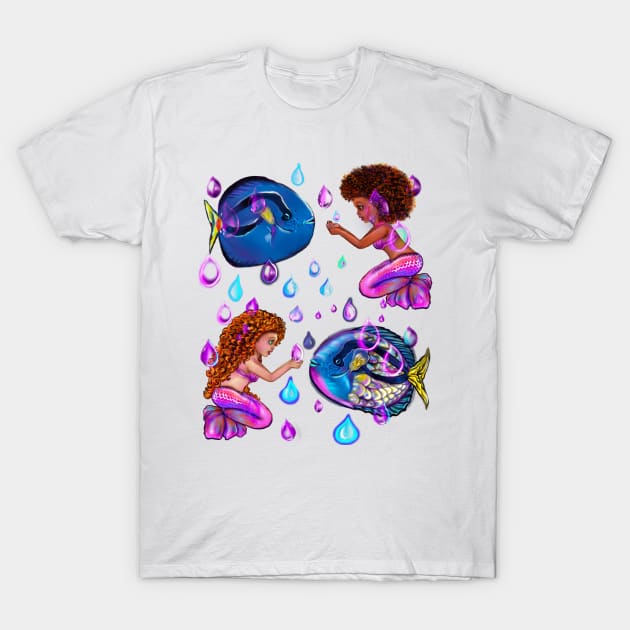 Best fishing gifts for fish lovers 2022. anime mermaid with blue tang fish and rain drops. Cute black  and white girls with Afro hair, green eyes, Cherry pink lips and dark brown skin. Hair love ! T-Shirt by Artonmytee